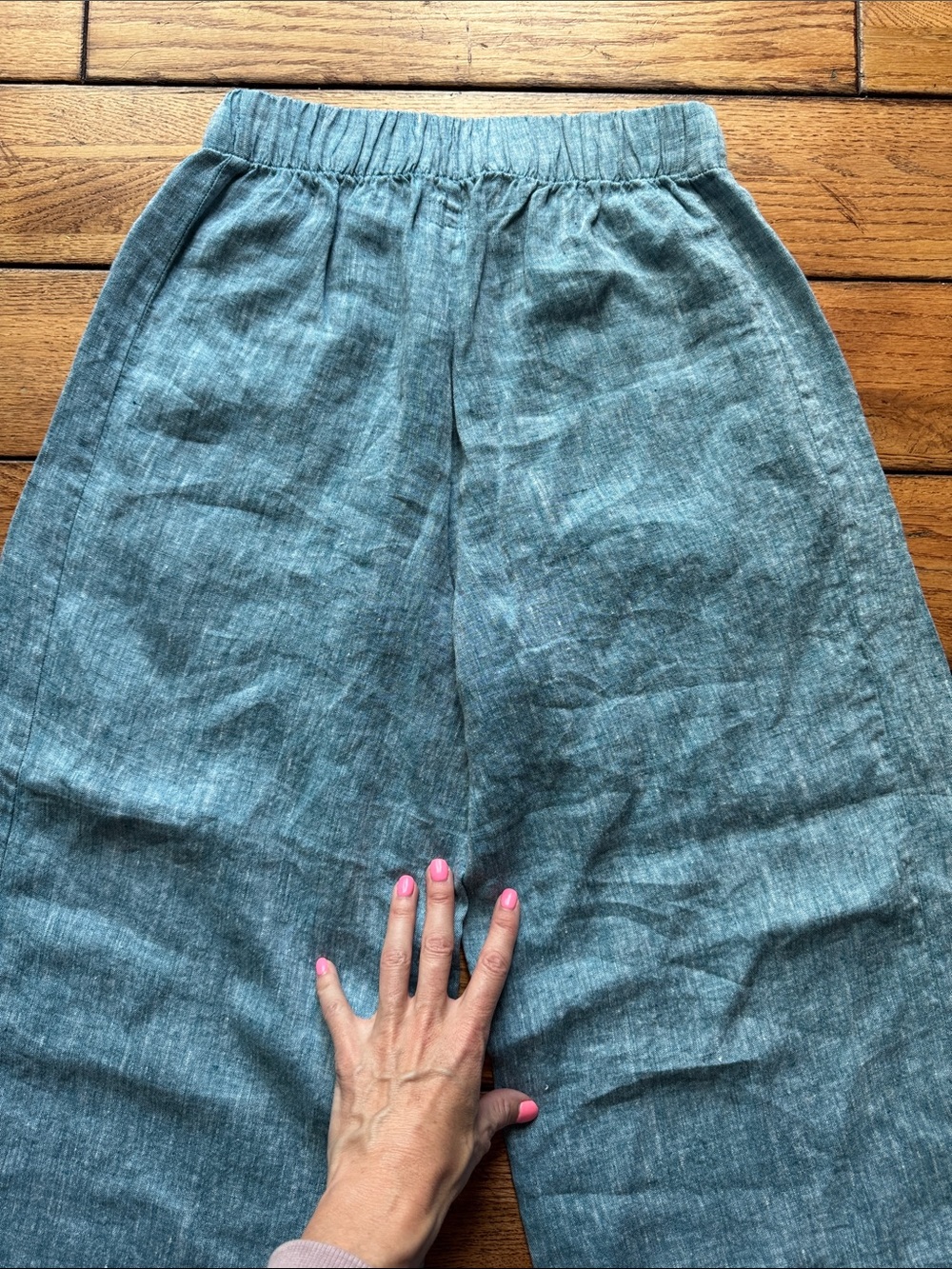 FLAX Pants Womens Sz P Teal Blue Linen Wide Leg Elastic Waist Boho Beach Pockets - Picture 5 of 11